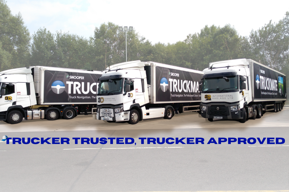 Three HGV trucks with Truckmate advertisements on the side. Text on screen that reads: Trucker trusted, trucker approved