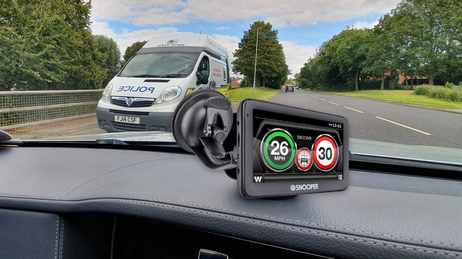 My-Speed-Plus on the windscreen with a police speed camera van ahead