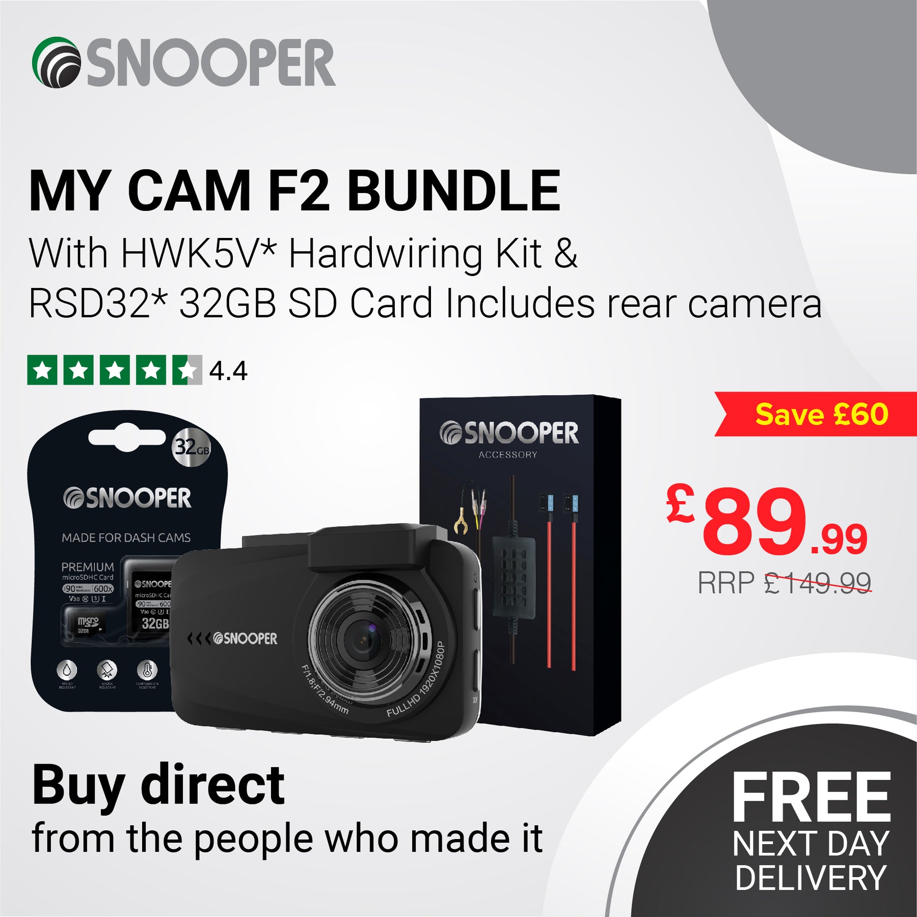 Snooper My-Cam-F2 Deluxe 32GB SD card & Hardwire Kit Bundle - Free Rear Cam!