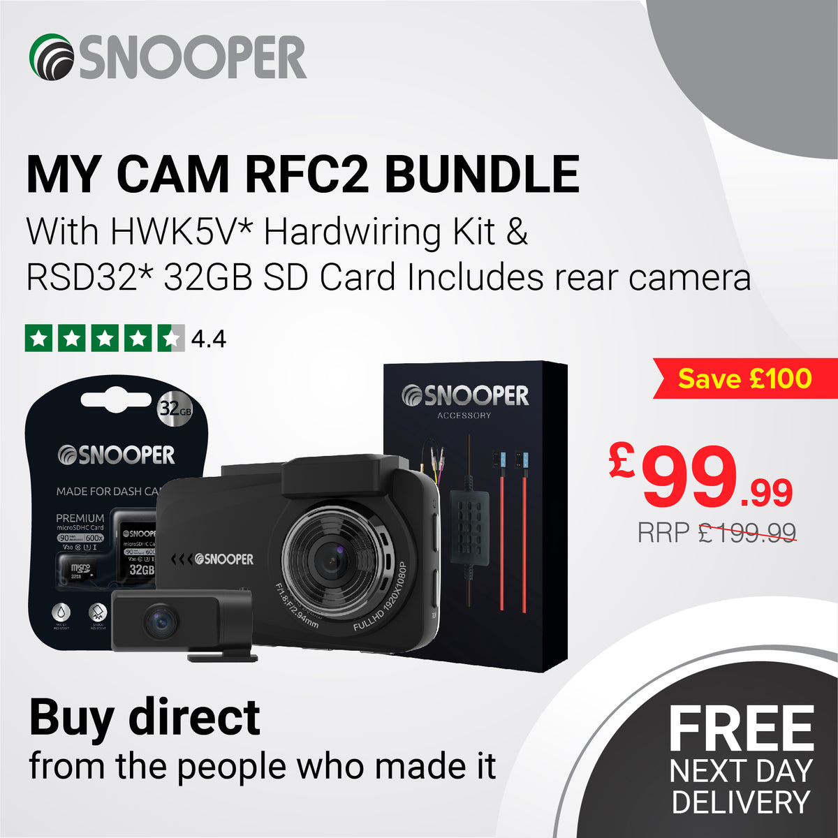 Snooper My-Cam-F2 Deluxe 32GB SD card & Hardwire Kit Bundle - Free Rear Cam!